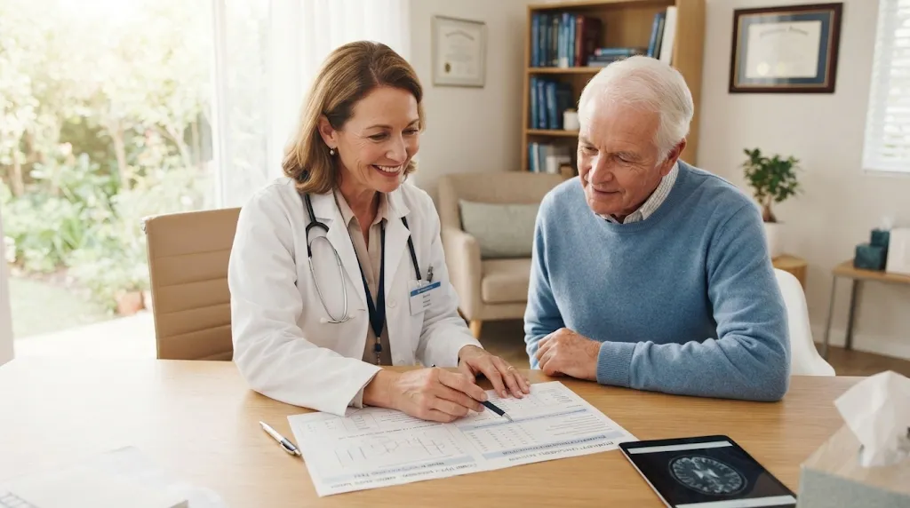 Neurologist in clinical white attire consulting with senior patient reviewing brain health charts