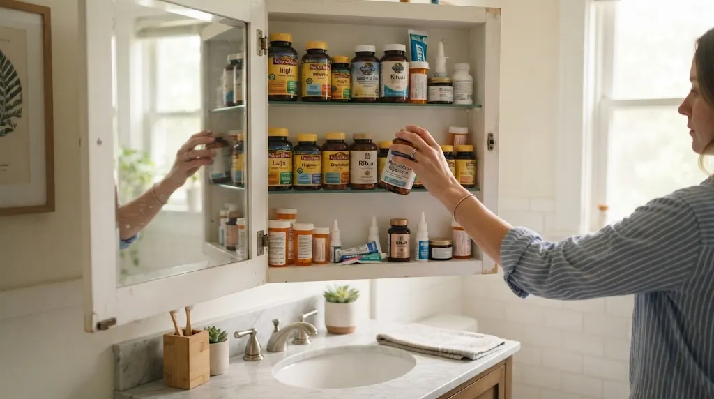 Hand opening home bathroom medicine cabinet stocked with vitamins and supplements
