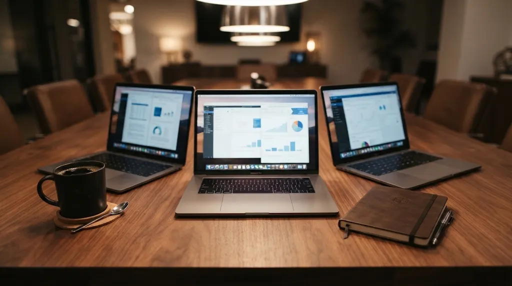 Three open business laptops arranged side-by-side on walnut boardroom table with coffee