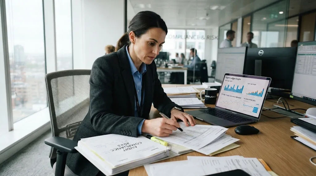 Corporate compliance investigator reviewing audit paperwork and digital ledger graphs in glass office