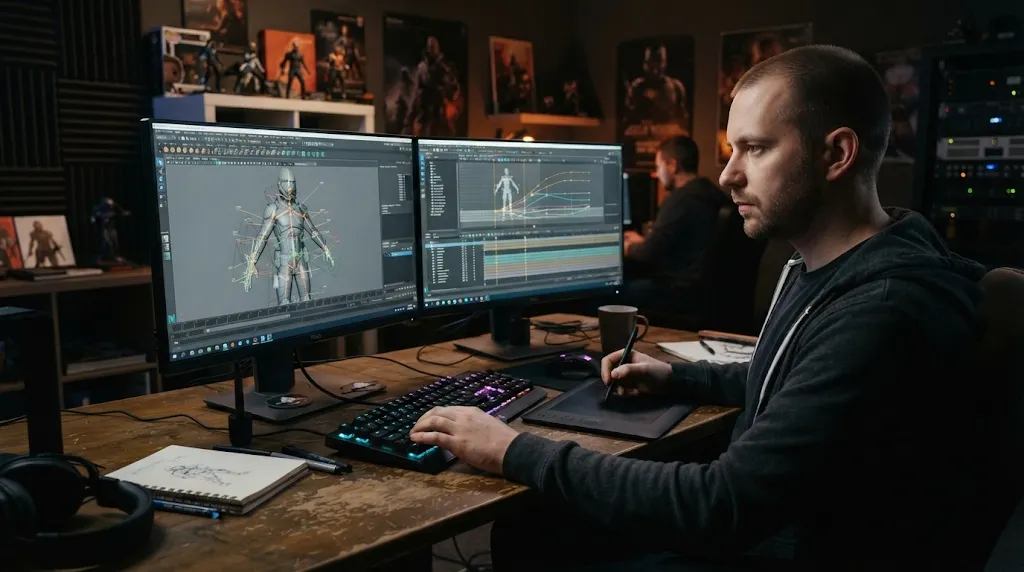 Game developer workstation in darkened studio showing 3D character mesh rigging and animation timeline