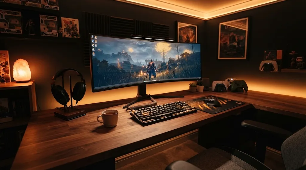 Cozy evening gaming desk setup with glowing curved monitor mechanical keyboard and ambient lighting