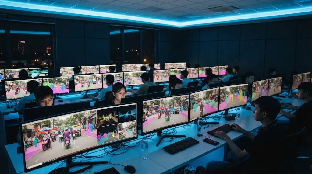 High-tech data labeling workspace with rows of monitors annotating street video footage