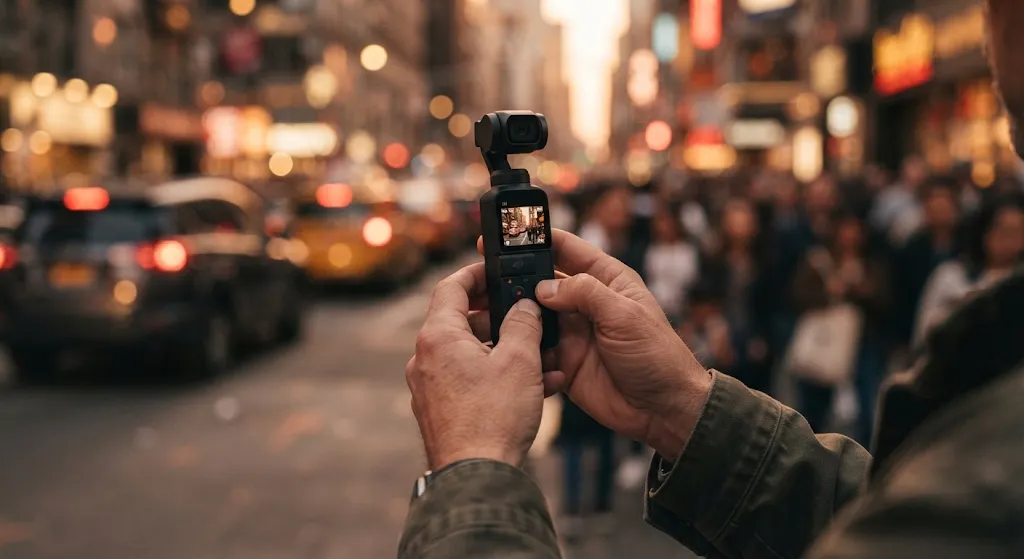 Close-up of a worker holding a handheld video stabilizer camera on a busy city avenue