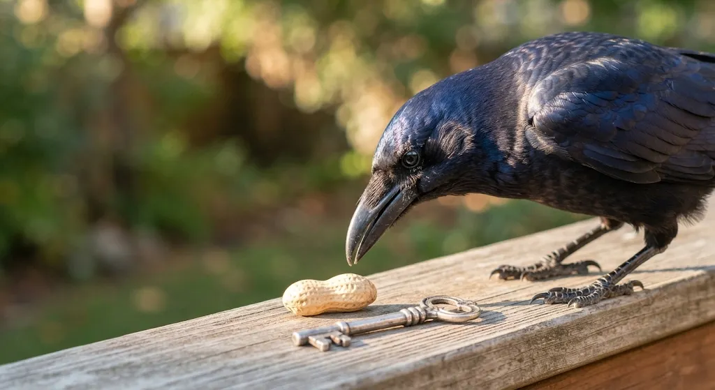 Detailed close-up of a wild crow inspecting a peanut and a shiny antique key on a wooden deck