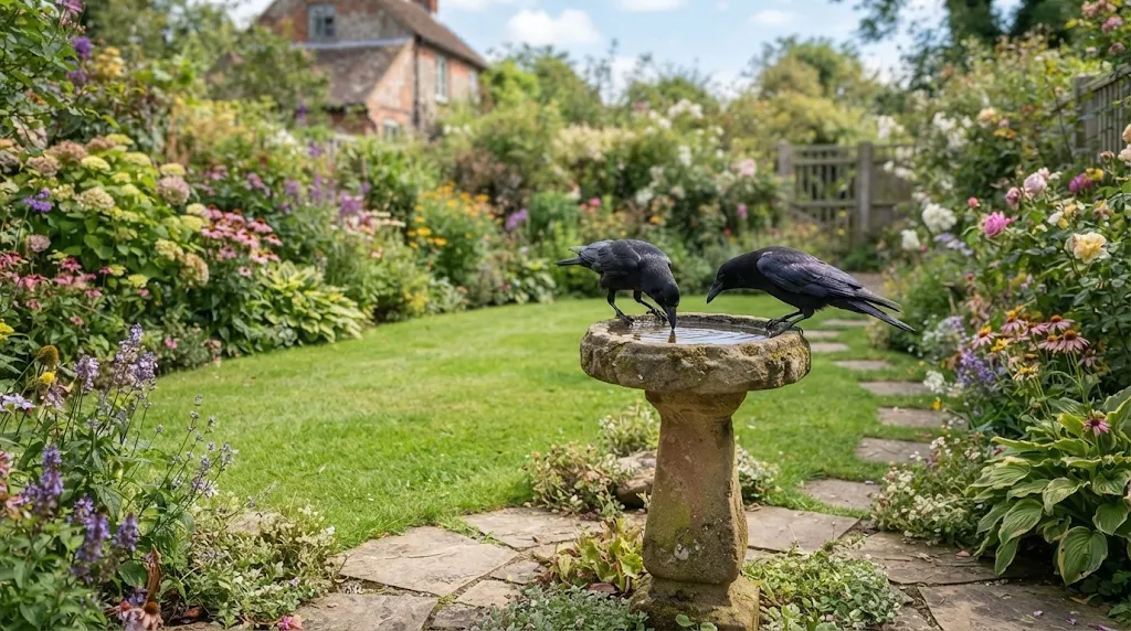 Suburban garden backyard where two wild crows drink peacefully from an antique stone birdbath