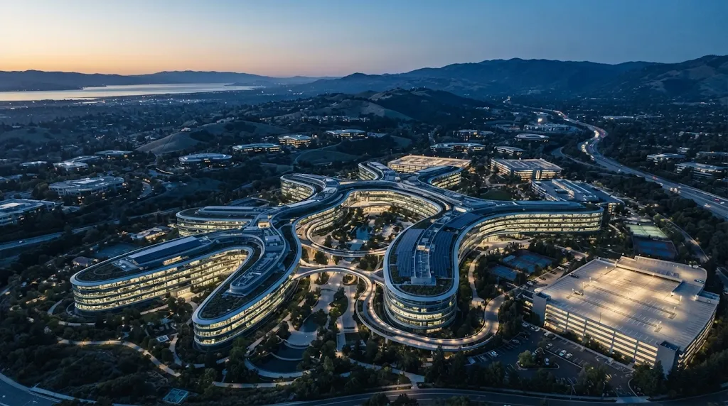 Aerial twilight view of Silicon Valley corporate headquarters campus with illuminated architecture