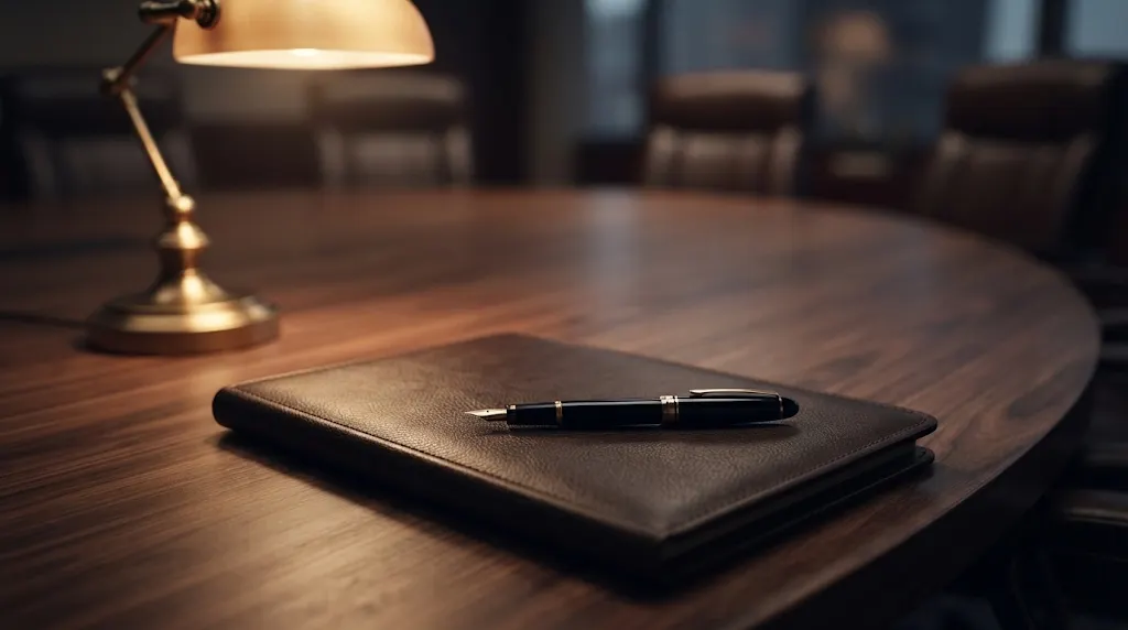 Close-up of a corporate boardroom table with a luxury fountain pen beside an executive contract