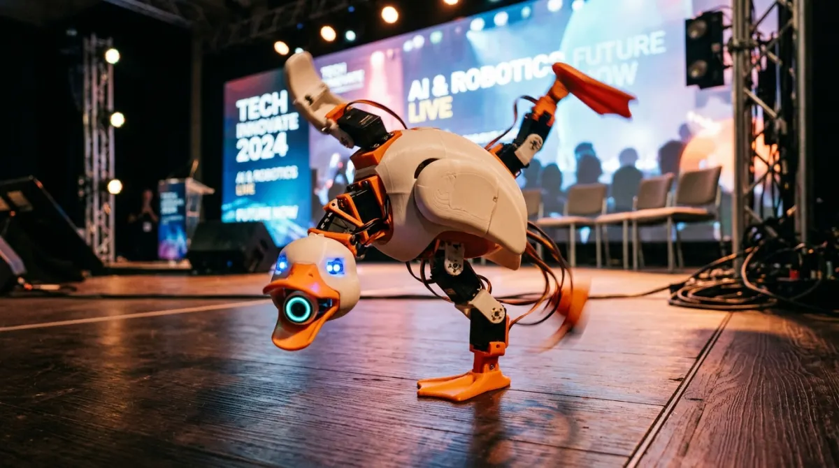 AI Duck Robot performing mid-somersault flip on keynote stage floor