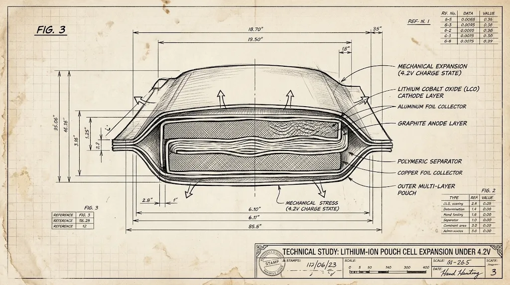 Technical patent drawing of lithium-ion pouch cell layer expansion under 4.2V stress