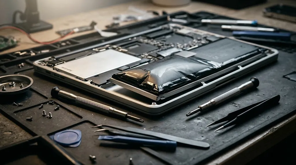 Disassembled laptop repair desk showing swollen lithium pouch battery beside magnetic tools