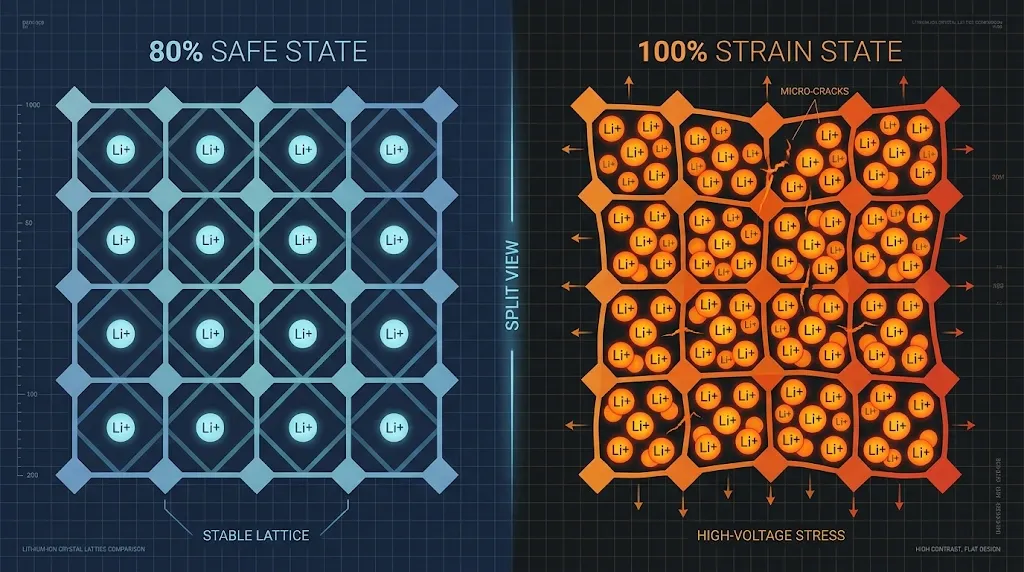 Infographic comparing 80 percent stable crystal lattice against 100 percent strain state