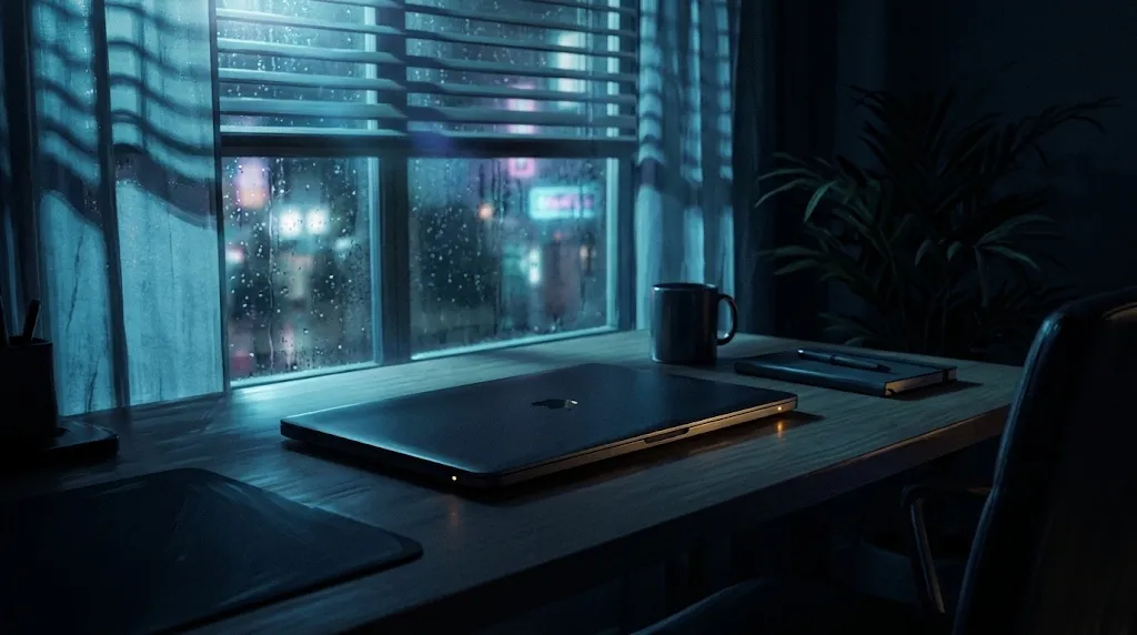 Laptop resting on nighttime workspace illuminated by amber charging indicator