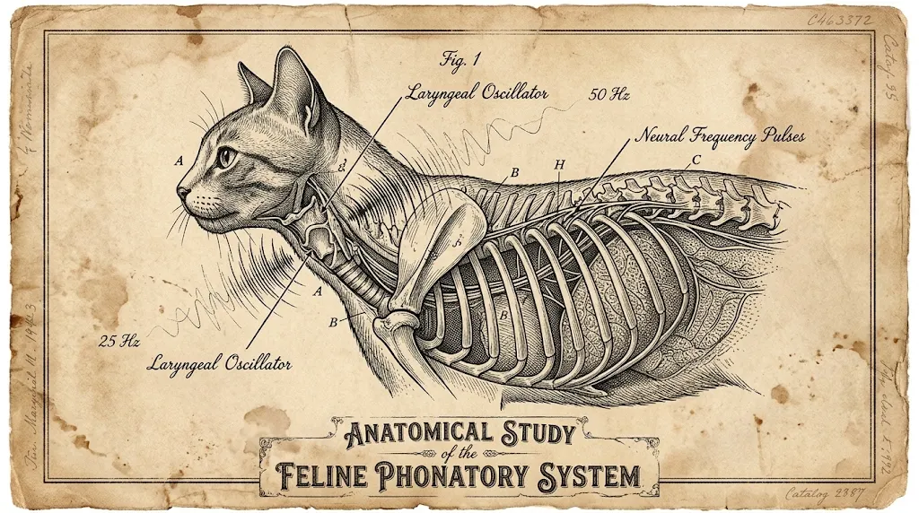 Vintage anatomical engraving of feline laryngeal oscillator and thoracic ribcage neural frequency pulses