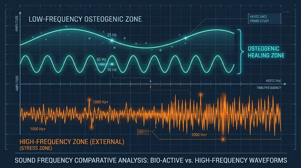 Scientific comparative chart of low-frequency osteogenic healing zone against high-frequency waves