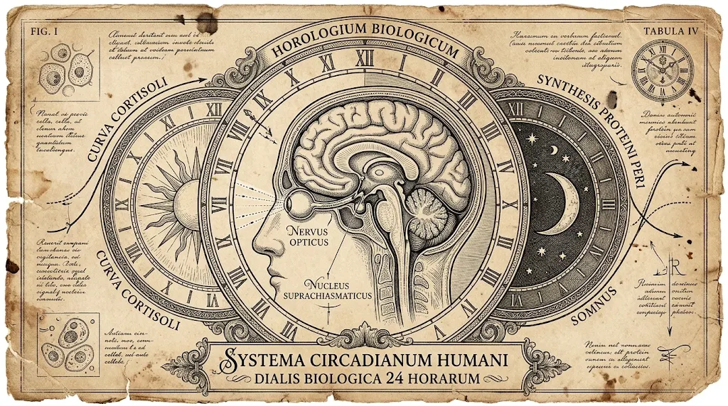Vintage scientific engraving of the human circadian 24-hour biological clock and suprachiasmatic nucleus