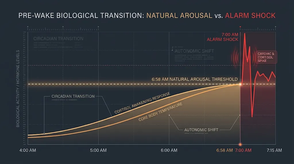 Scientific comparative chart of pre-wake biological transition showing natural arousal threshold vs sudden alarm shock