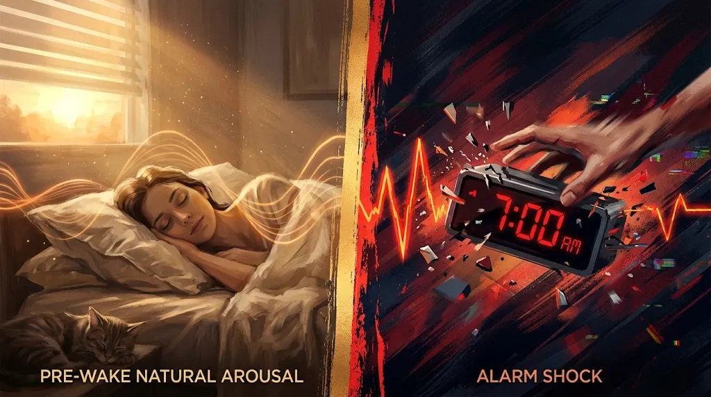 Conceptual split screen artwork showing peaceful natural wakefulness versus jarring morning alarm shock