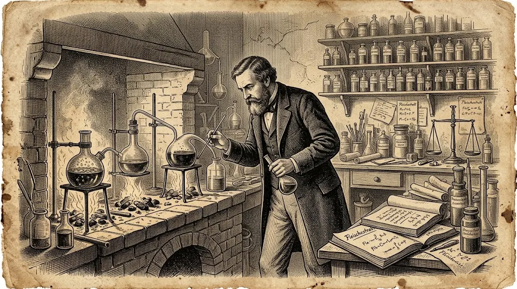 Vintage 1850s scientific engraving of Justus von Liebig organic chemistry laboratory