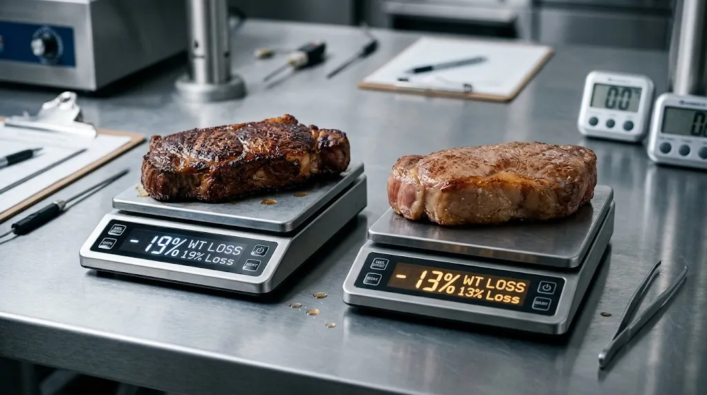 Precision culinary laboratory scales comparing 19 percent moisture loss against gentle 13 percent loss