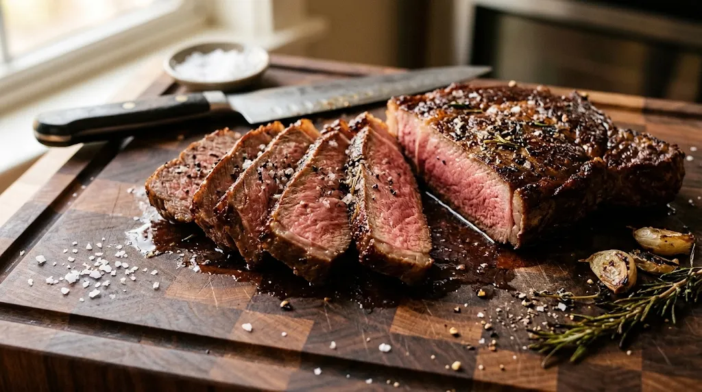 Reverse seared steak sliced open on wooden cutting board showing uniform rose-pink interior and mahogany crust