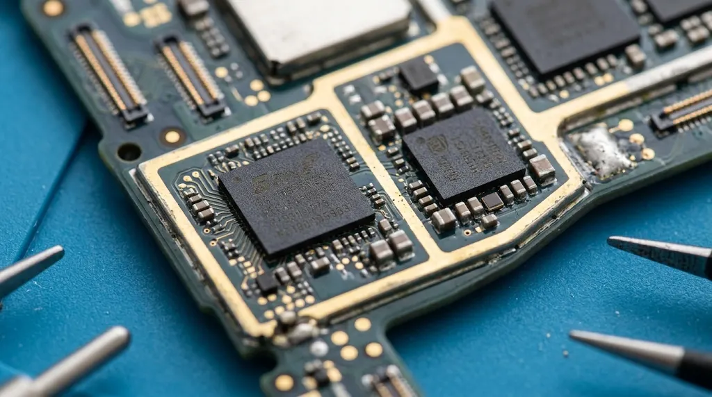 Macro studio photograph of smartphone motherboard logic board RF transceiver and power amplifier microchips