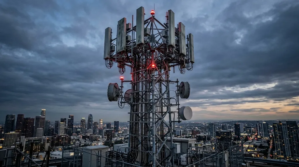 Documentary photography of industrial multi-band cellular communications tower against evening city skyline