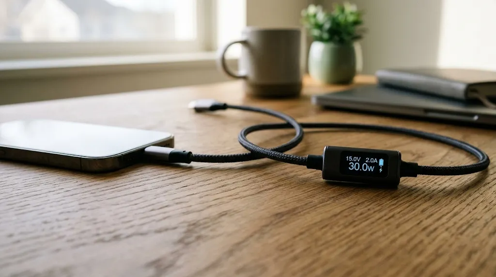 Realistic photography of smartphone charging on wooden desk with USB-C power meter showing live wattage