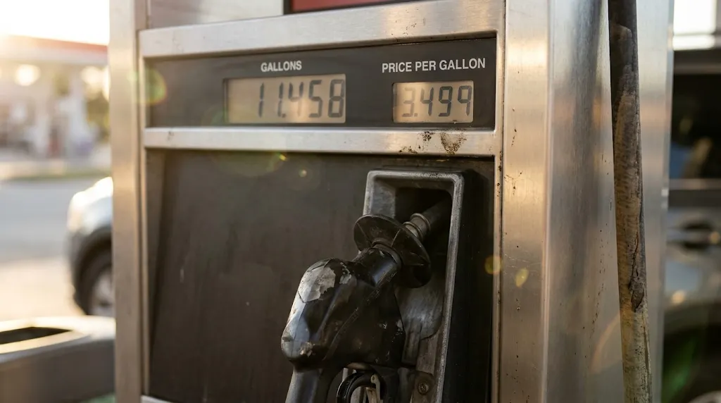 Macro photography of commercial fuel pump nozzle and digital gallons price meter