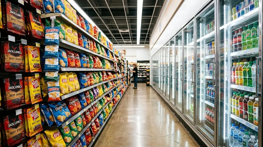 Retail editorial photography of colorful convenience store snack and cold drink aisles