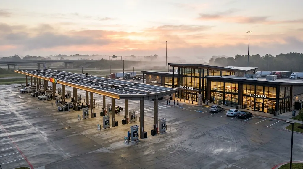 Modern interstate travel center plaza at dawn with vast fuel canopies and food mart