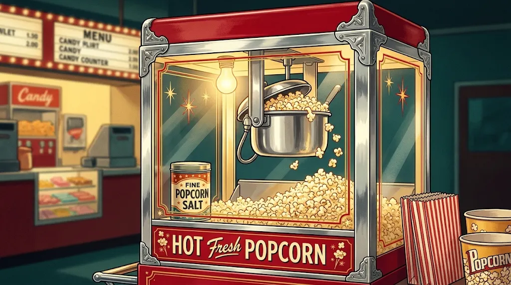 Mid-century vintage cinema concession popcorn machine with stainless steel kettle and seasoning tin