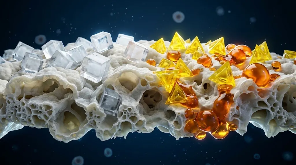 Scientific 3D visualization comparing cube table salt to hollow pyramid seasoning crystals clinging to starch