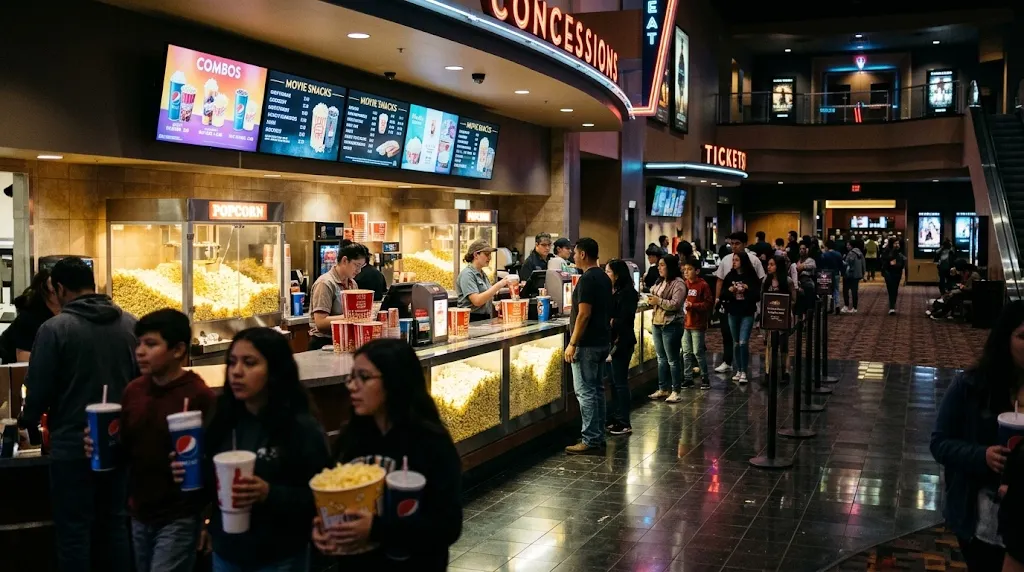 Cinematic editorial photography inside modern multiplex cinema lobby with illuminated concession warmers