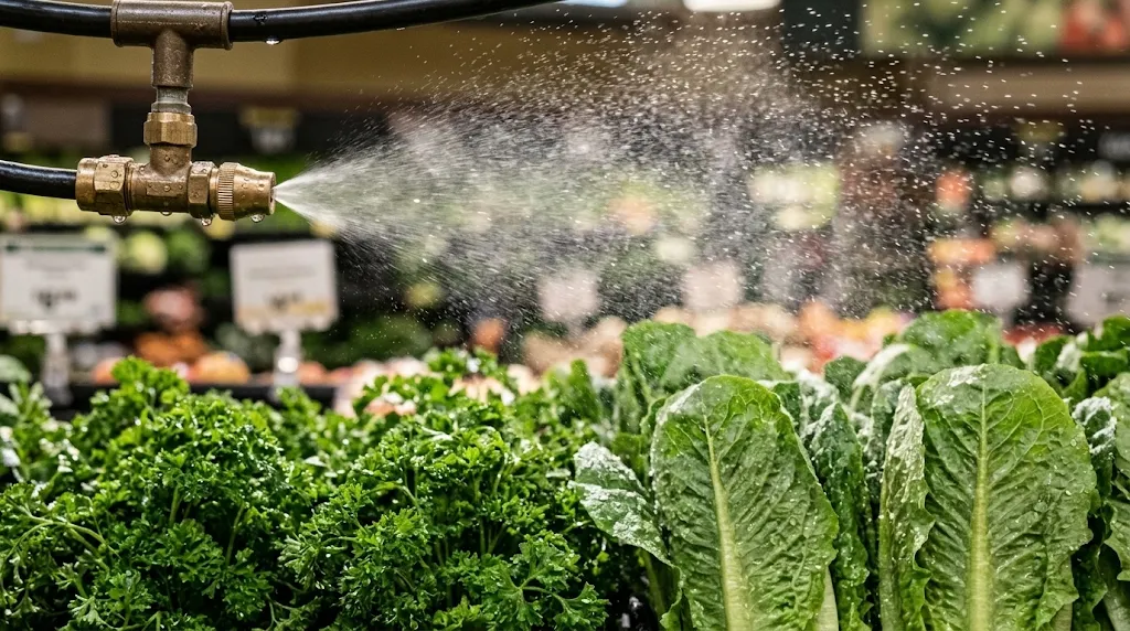 Brass misting nozzle spraying fine water cloud over fresh grocery produce