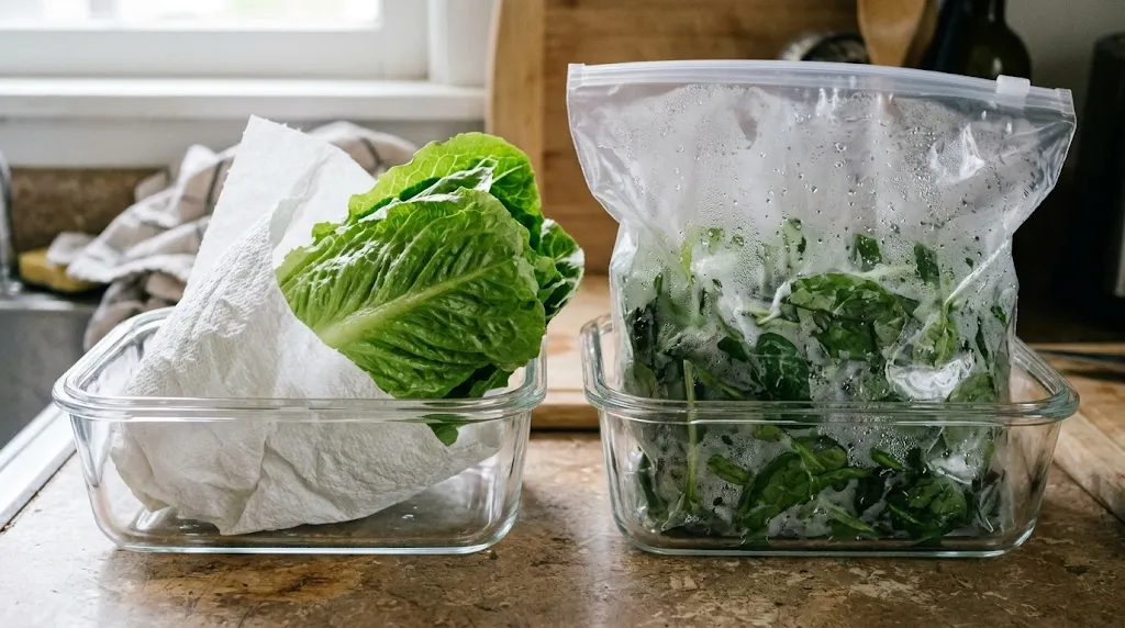 Comparison of greens stored wet in plastic bag versus wrapped in clean dry paper towel