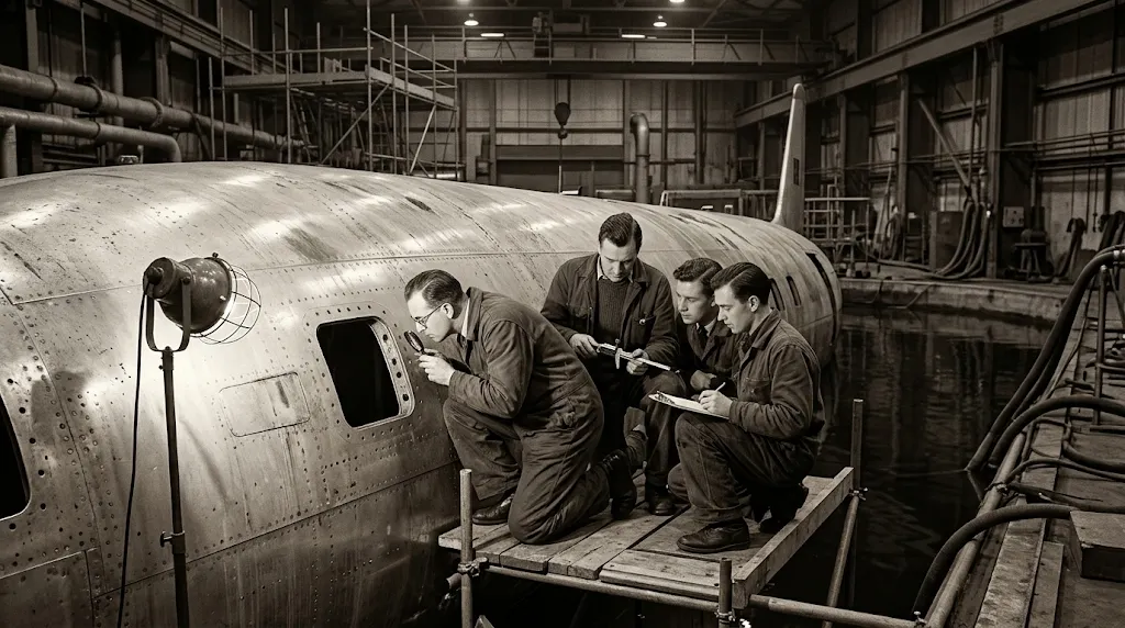 Forensic engineers investigating 1954 de Havilland Comet fuselage in Farnborough water tank