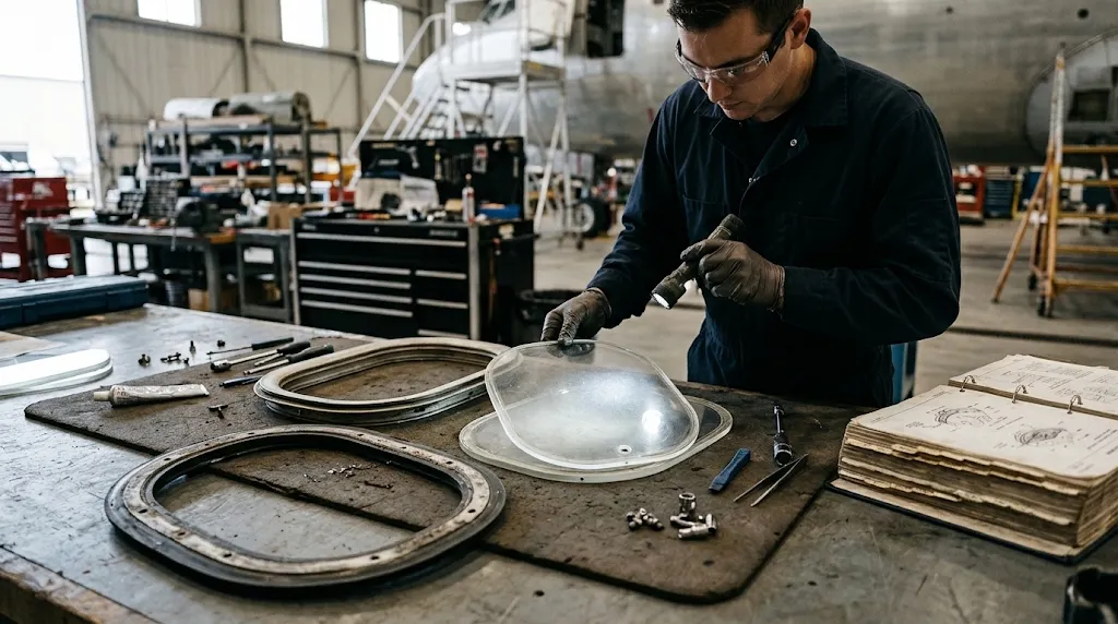 Aircraft technician examining disassembled commercial airliner triple-pane oval window with bleed hole on maintenance bench