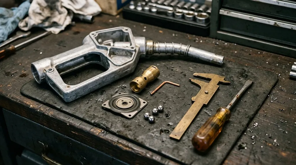 Aluminum fuel nozzle disassembled on mechanic workbench showing Venturi constriction, sensing tube, diaphragm, and ball bearings