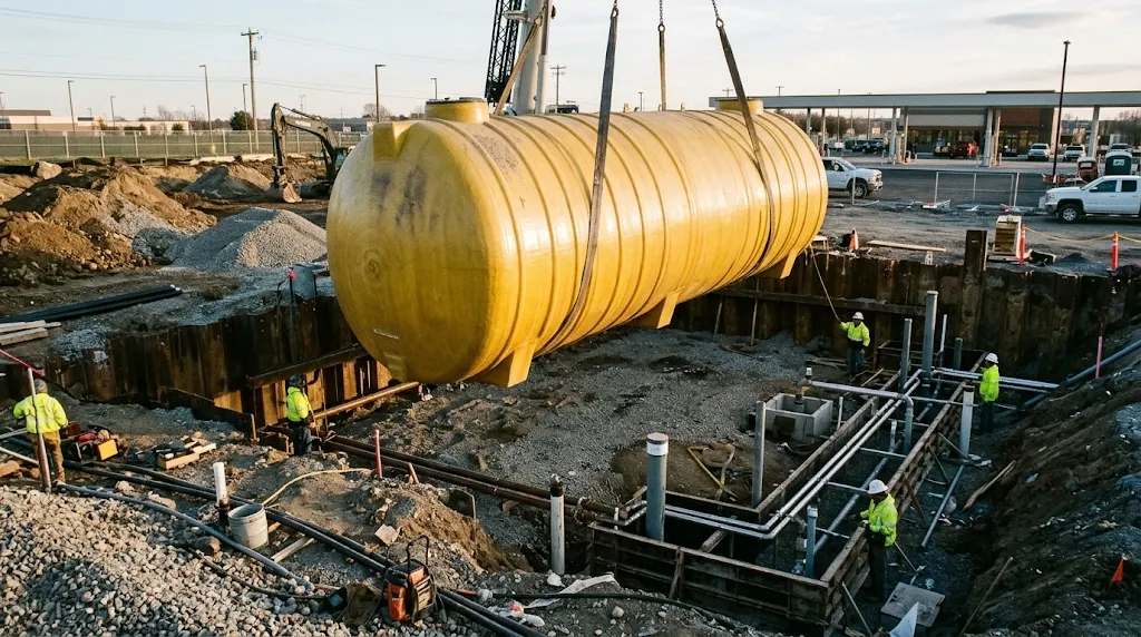 Heavy crane lowering a massive yellow double-walled fiberglass underground fuel storage tank into gravel excavation pit
