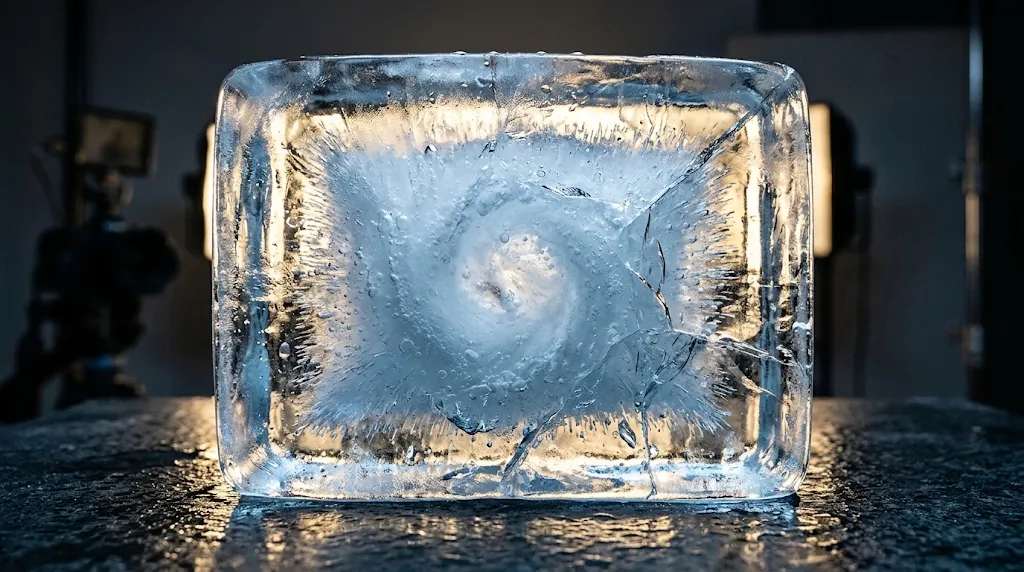 Macro block of freezing ice showing cloudy core vortex of trapped air bubbles