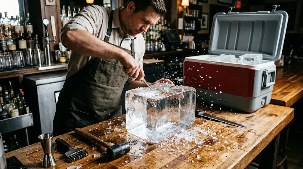 Craft bartender carving a directional frozen block of clear ice