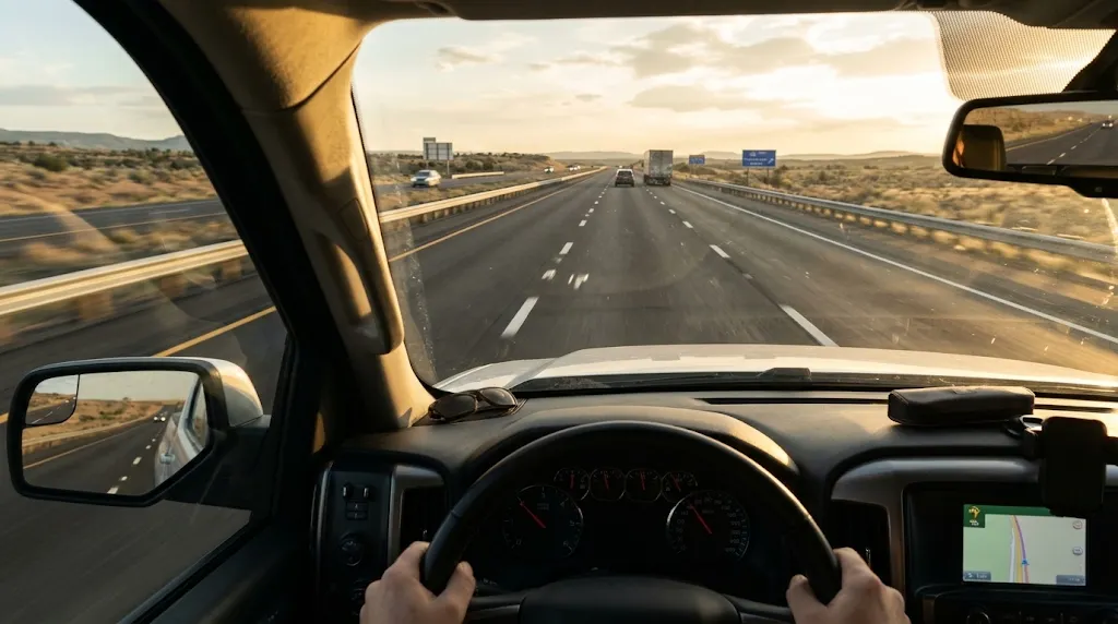 Driver windshield perspective of dashed white lines on highway at 65 MPH