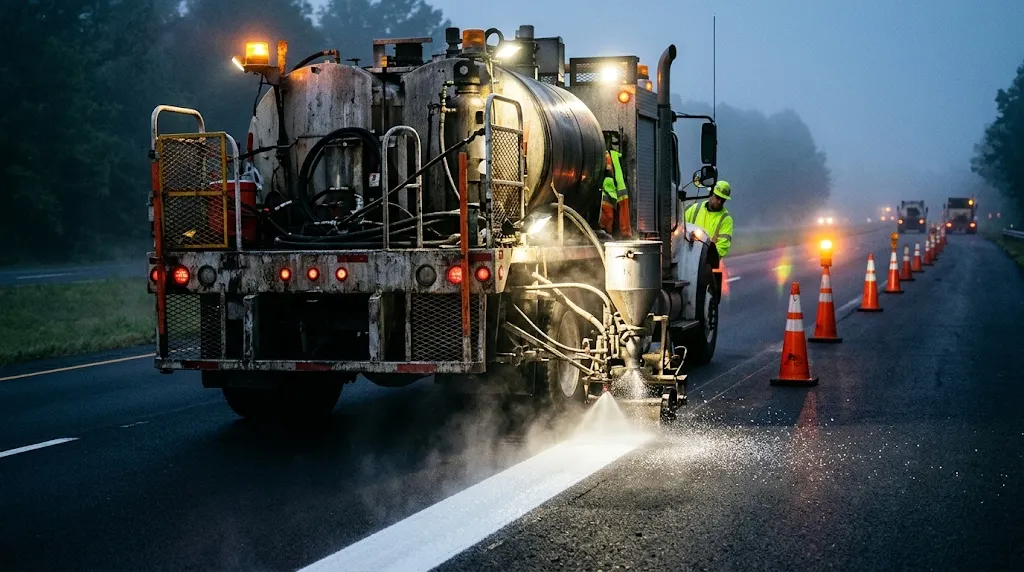 Road maintenance truck applying thermoplastic stripe and reflective glass beads