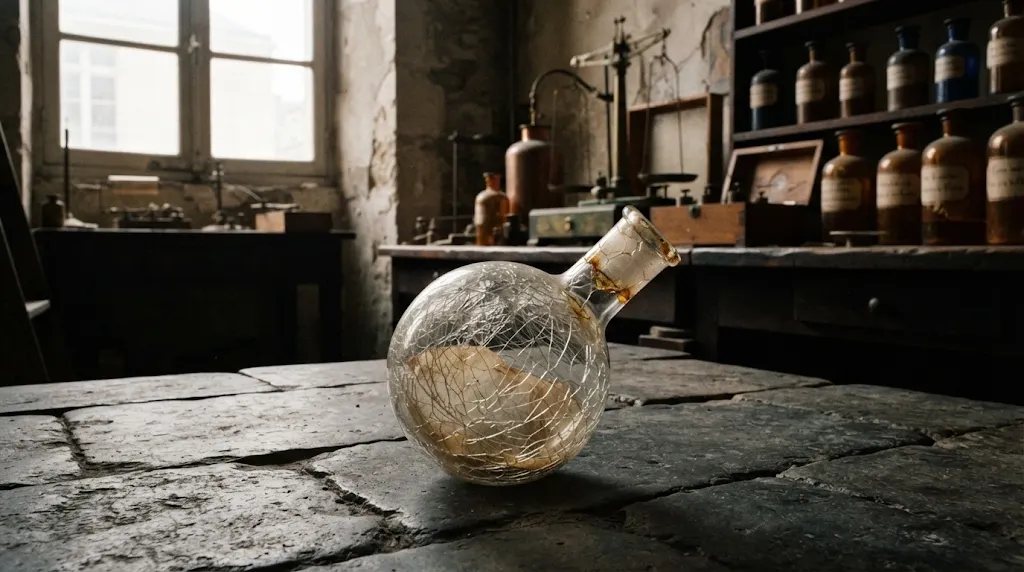 Shattered round glass chemistry flask on Paris laboratory flagstones in 1903