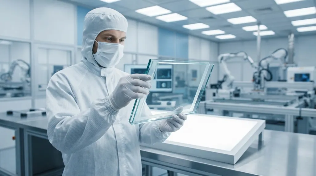 Cleanroom technician inspecting laminated automotive safety glass cutaway