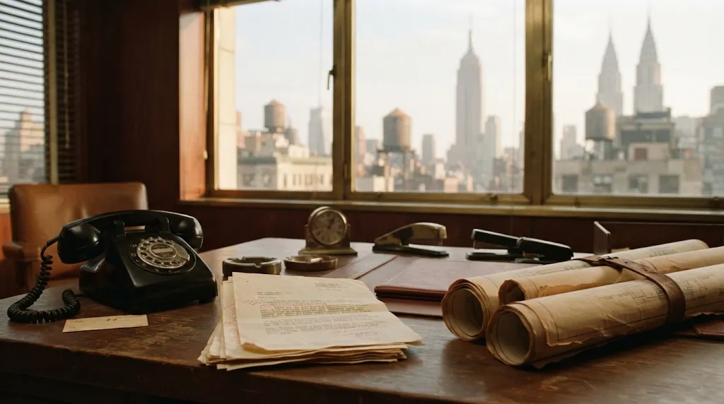Mid-century commercial building manager desk with tenant complaint letters and hoist blueprints
