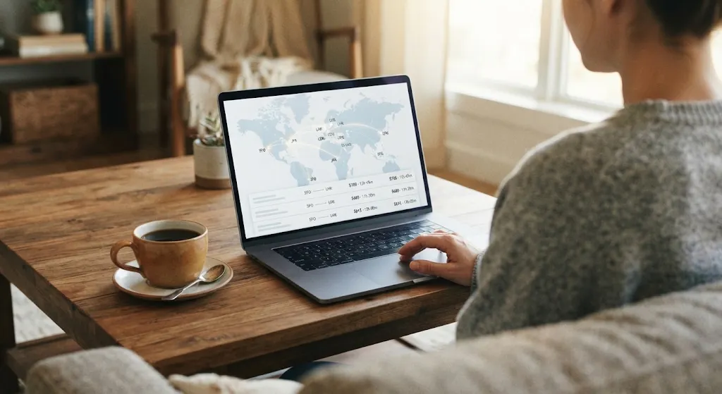 Comparing Flight Prices on Laptop Screen