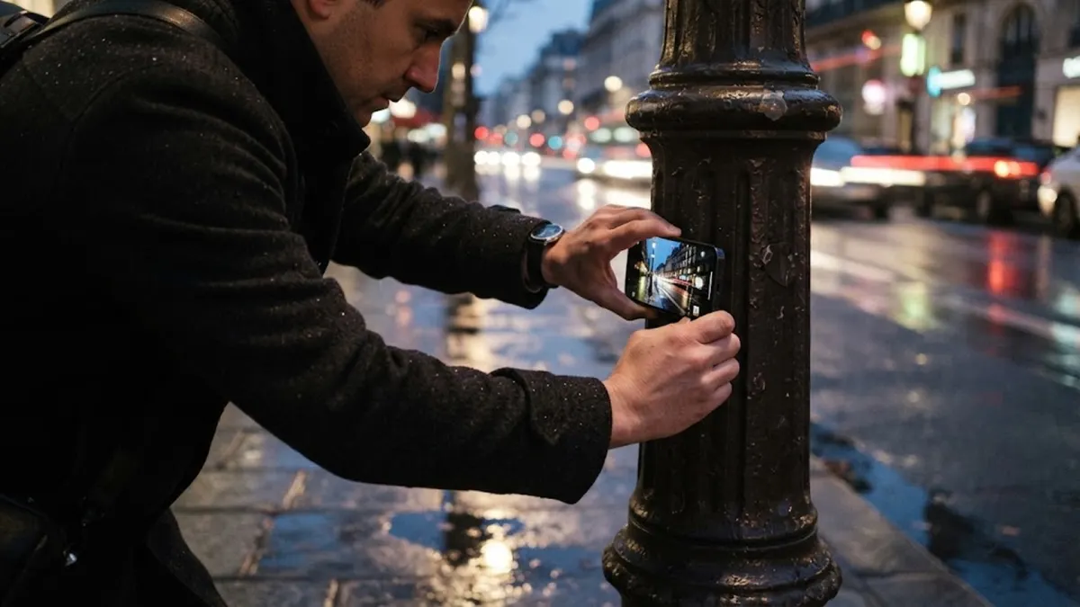 Bracing Smartphone Against Lamppost for Night Photo