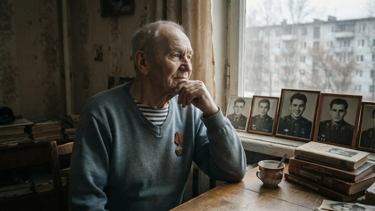 Stanislav Petrov in Retirement Sitting Beside Family Photographs in his Moscow Apartment